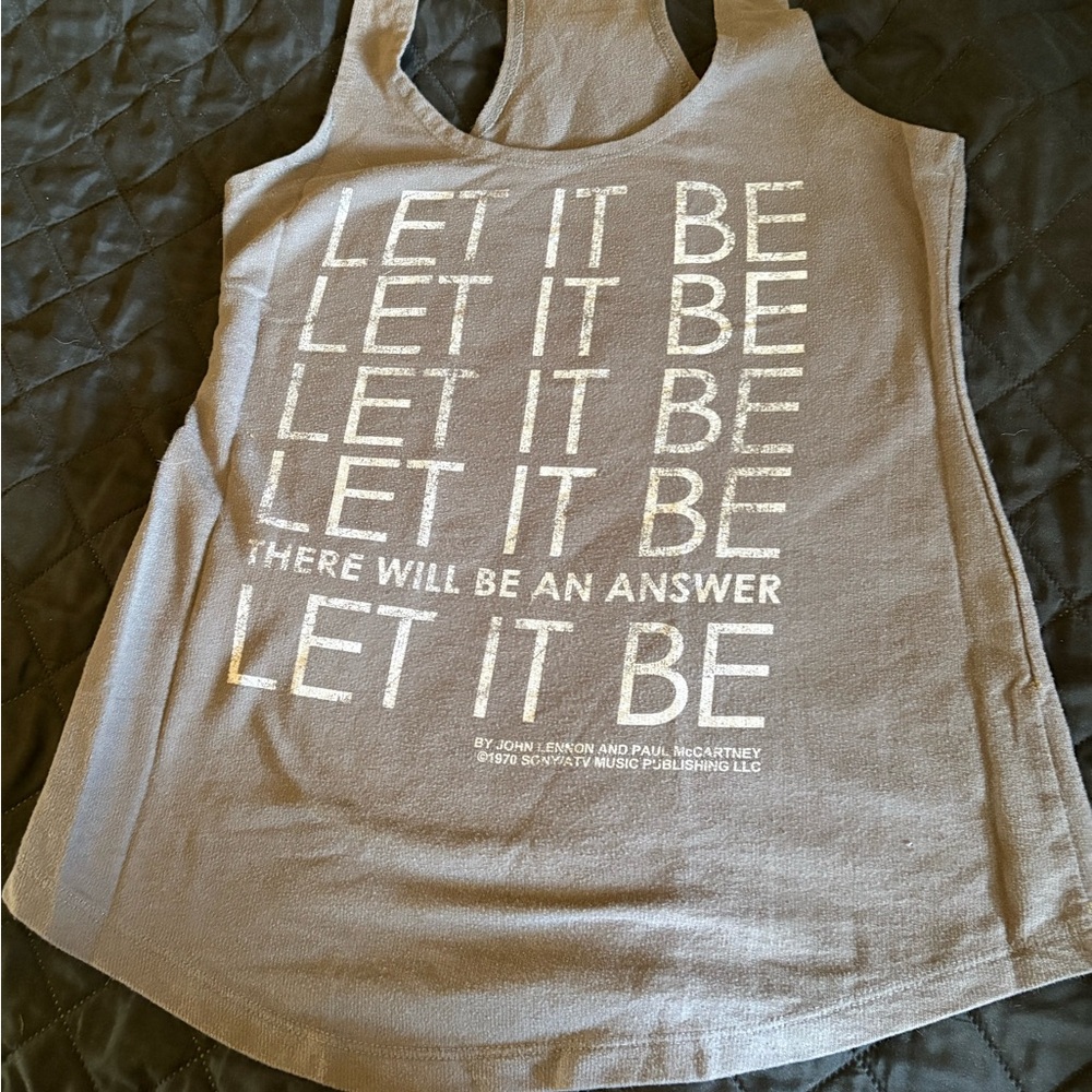 gray racerback tank top featuring lyrics from the Beatles song "Let It Be"